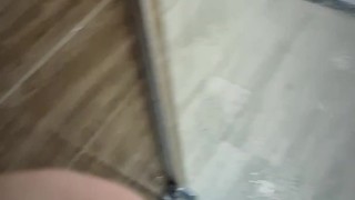 Blonde beauty licks glass after a messy surprise in the shower