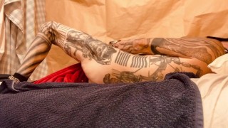 fully tattooed bottom humps bed till cummmms