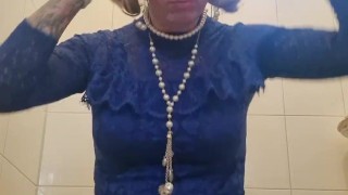 Sissy in blue lace top riding dildo