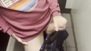 Getting horny on a shopping trip I go to the bathroom stalls to masturbate my big straight cock