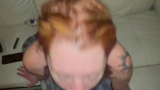 Slutty redhead stepsister gives me a sloppy deepthroat blowjob until I bust in her throat