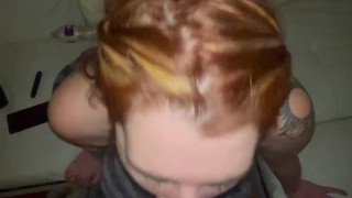 Slutty redhead stepsister gives me a sloppy deepthroat blowjob until I bust in her throat