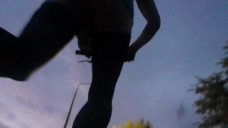 Riding a scooter with a bare booty on a bad road