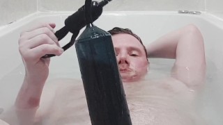 Pumping fat uncut cock in the tub and playing with my dick.