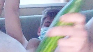 Boy fucks his ass with cucumber