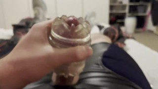 Jerk off with Fleshlight Quickshot oozing a huge cum load on my Maskulo fetish shorts