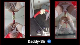 Dog knot dildo riding while dressed in lingerie