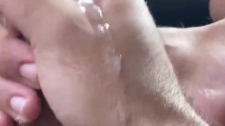 Foot master jerking off showing feet and rubbing cum on soles!