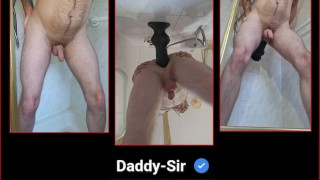 Riding my xxl dog knot dildo in the shower hitting my prostate and leaking cum