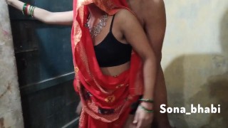 Hot Indian wife in red saree.