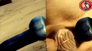 Prostate massage with a latex dildo. (slicing)