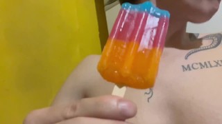 Young Latino Plays with Ice Cream and his Big Cock