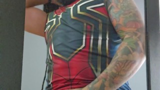 Hot rasta tattoed guy jerking off on the mirror