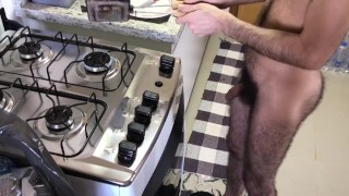 HAIRY NUDIST PREPARING BREAKFAST