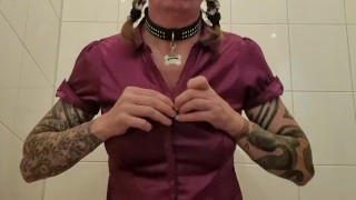 Sissy with braids cums on dildo
