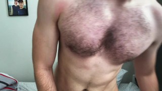 Hairy Guy Rubs his Muscles and Cums on Feet