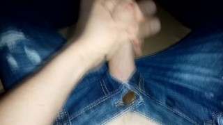 Striptease and shooting cum onto my slim fit unisex blue jeans 🔫🍌💧