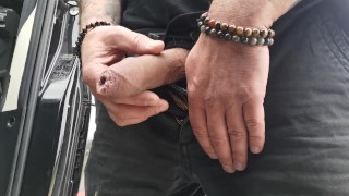 Parking pee, uncut cock