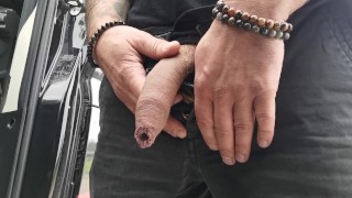 Parking pee, uncut cock