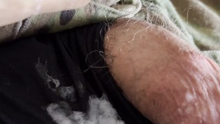 Horny US Army Solider jerks off in some sexy black boxer briefs and shoots a hot load on his uniform