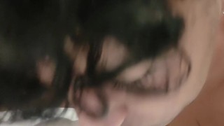 Spitting guys cum and licking it again in hotel bathroom - cum play