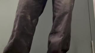 Sexy construction worker squats in thong