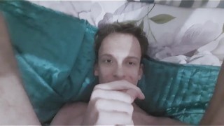 Horny white boy strokes his juicy cock till he wants to cum on his own face