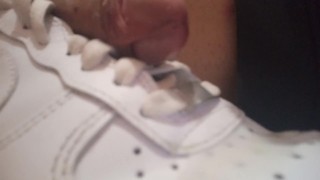 Twink in Adidas black tracksuit sniffs dirty shoes dry humping fucks white sneakers cums on Nike AF1