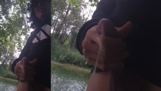 Cumplay play with long thick string of cum stuck on hand after orgasm with sex twink moaning outdoor