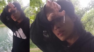 Cumplay play with long thick string of cum stuck on hand after orgasm with sex twink moaning outdoor