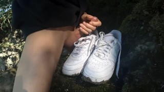 Boy jerks off cums in shoes into dirty muddy smelly Nike Air Force One AF1 sneakers foot feet fetish