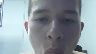 HORNY GUY SPILLS HIS CUM ON A DILDO AND THEN LICKS IT