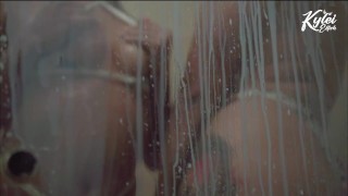 Beautiful porn superstars Kylie Ellish and Ann Rides drink a shower of cum and take a bath with it.