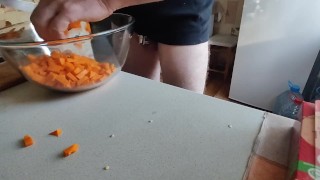Guy with locked cock is in the kitchen