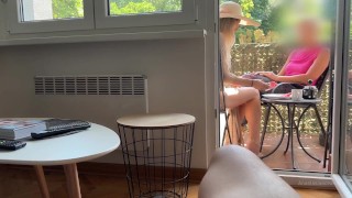 My husband is jerking off and cum in front of my stepmom a while we talk on balcony