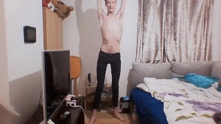 Skinny Blonde hair twig shows off his body in his jeans and tests out his flexibility