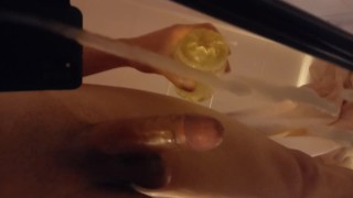 Nude twink wanks his big hard dick with an oiled Fleshlight, cums on a mirror, moans in the bathroom