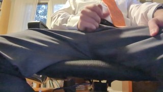 Businessman cum on suit pants office chair