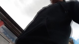 Naughty twink walks freeball, shows his cock sticking out of his shorts, in public bus and street