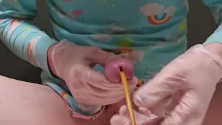 Diaperboy inserts catheter and cums