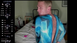 male camming model seducing viewer in his blue bedazzled superhero bodysuit (lol no homo)