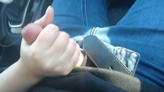 Sneaky handjob in the car, almost got caught