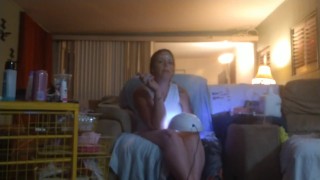 Roommate masturbating to pretty girl in minidress painting her nails and watching tv