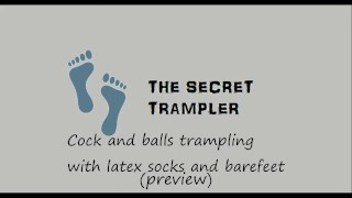 Cock and balls trampling in leather socks and barefeet