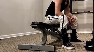 str8 college jock rubbing ENORMOUS cock with the door open in public gym bathroom