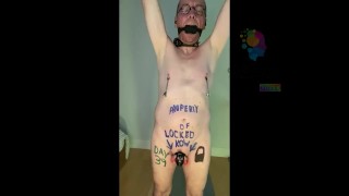 Caged Workout - Webcam show on orders from Keyholder, gagged, shock collar and crazy horny!