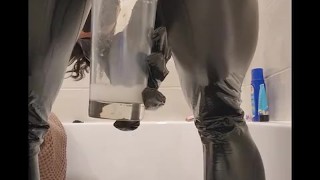 Glass of milk from my ass tap in catsuit. Milk Enema preview