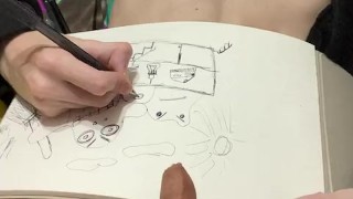 Парень в мягкой байке дрочит член рисует ручкой в альбоме и кончает спермой на лист бумаги