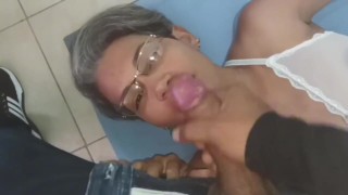 cumshots and blowjobs where I suck my stepson's big cock at home, I'm a perverted whore