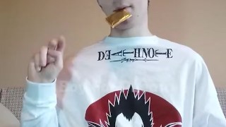 boy swallows cum from a used condom
